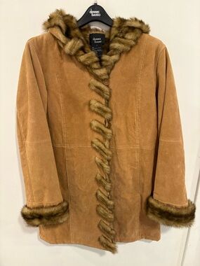 dennis basso Camel Suede Trench Coat with Faux Fur Trim